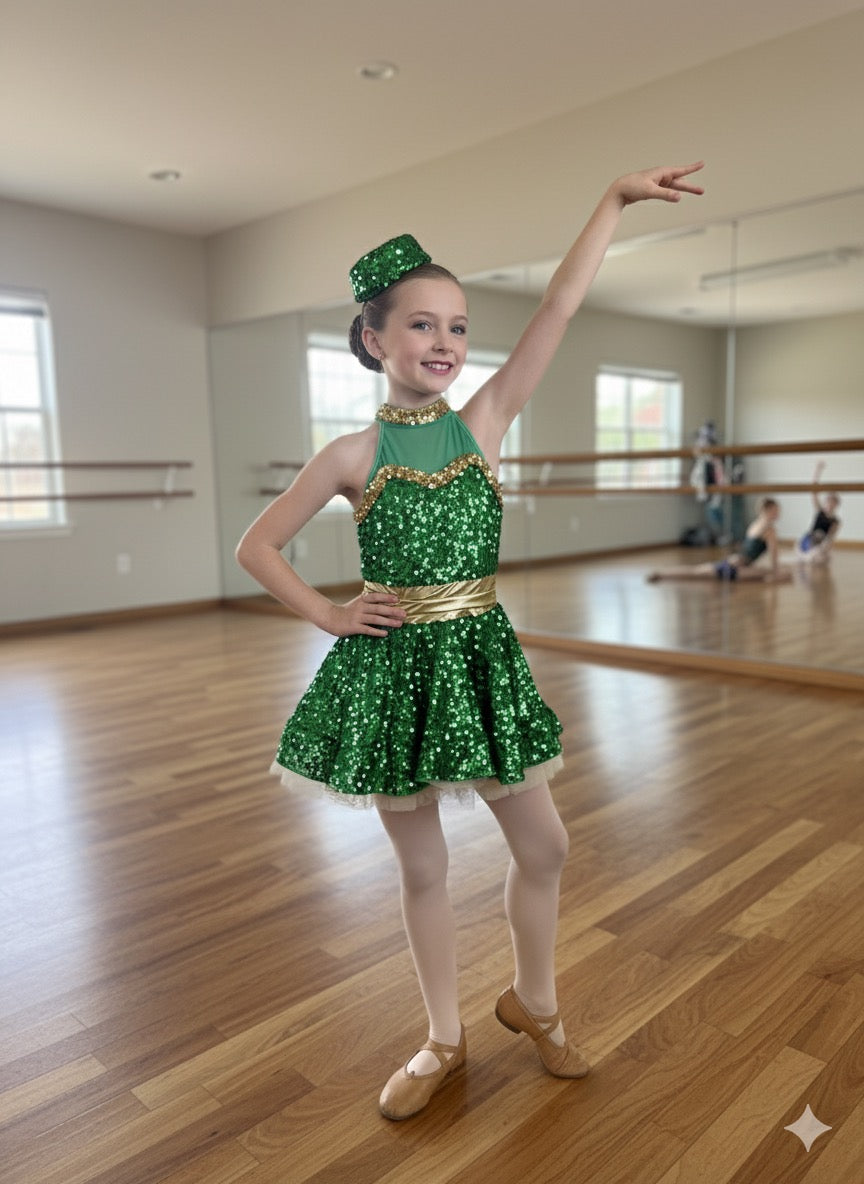 Sparkly green costume with hat