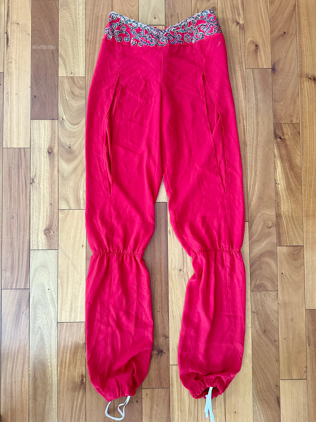 Handmade Nutcracker Arabian Ballet Costume Rental – Red Georgette Pants & Illusion Mesh Top Size Adult XS