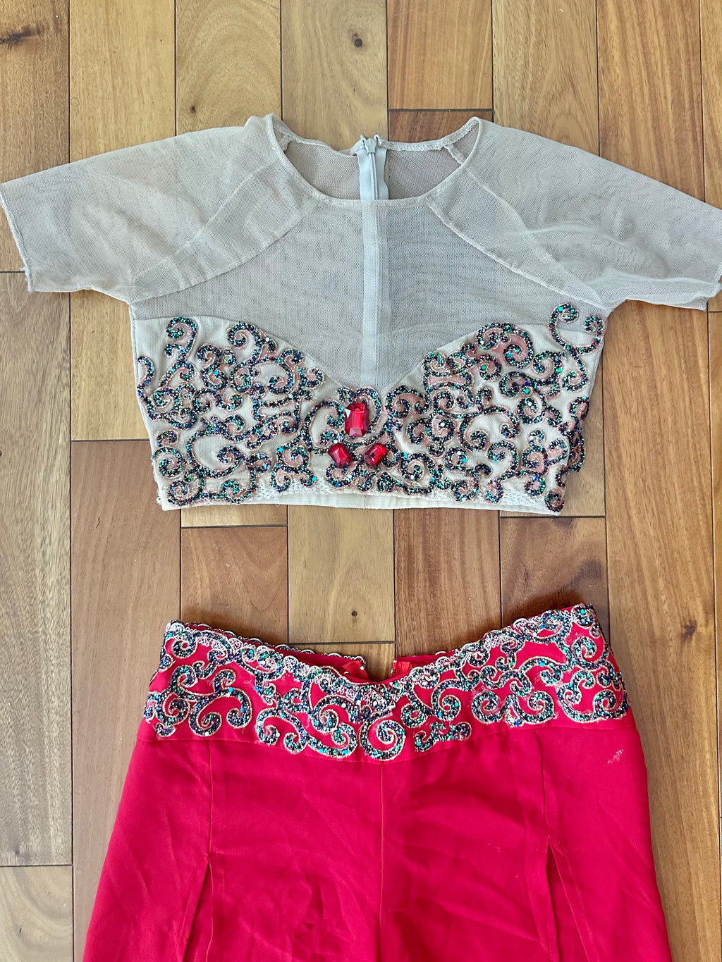 Handmade Nutcracker Arabian Ballet Costume Rental – Red Georgette Pants & Illusion Mesh Top Size Adult XS