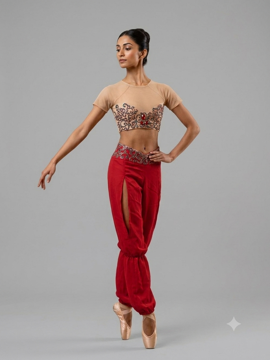 Handmade Nutcracker Arabian Ballet Costume Rental – Red Georgette Pants & Illusion Mesh Top Size Adult XS