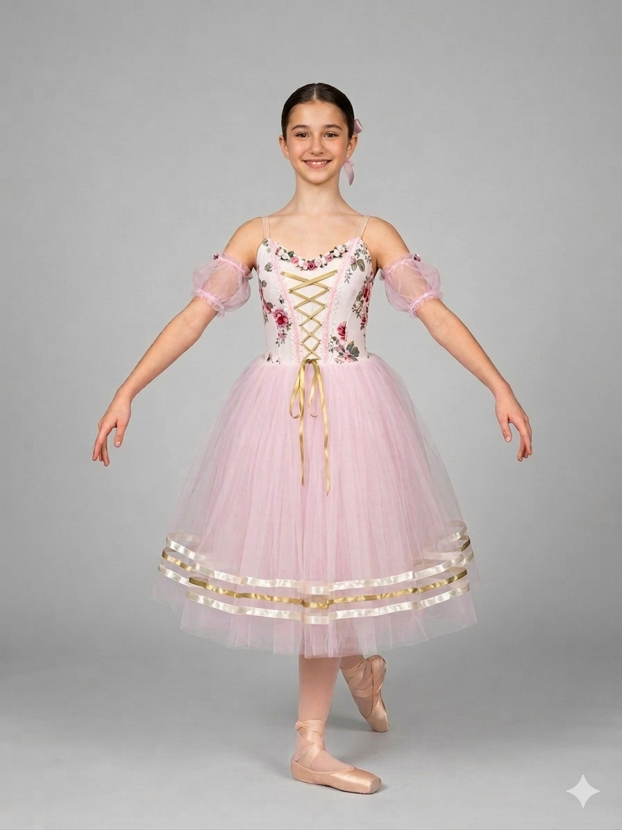 Romantic peasant style tutu - handmade stretch tutu - Light pink/white with roses