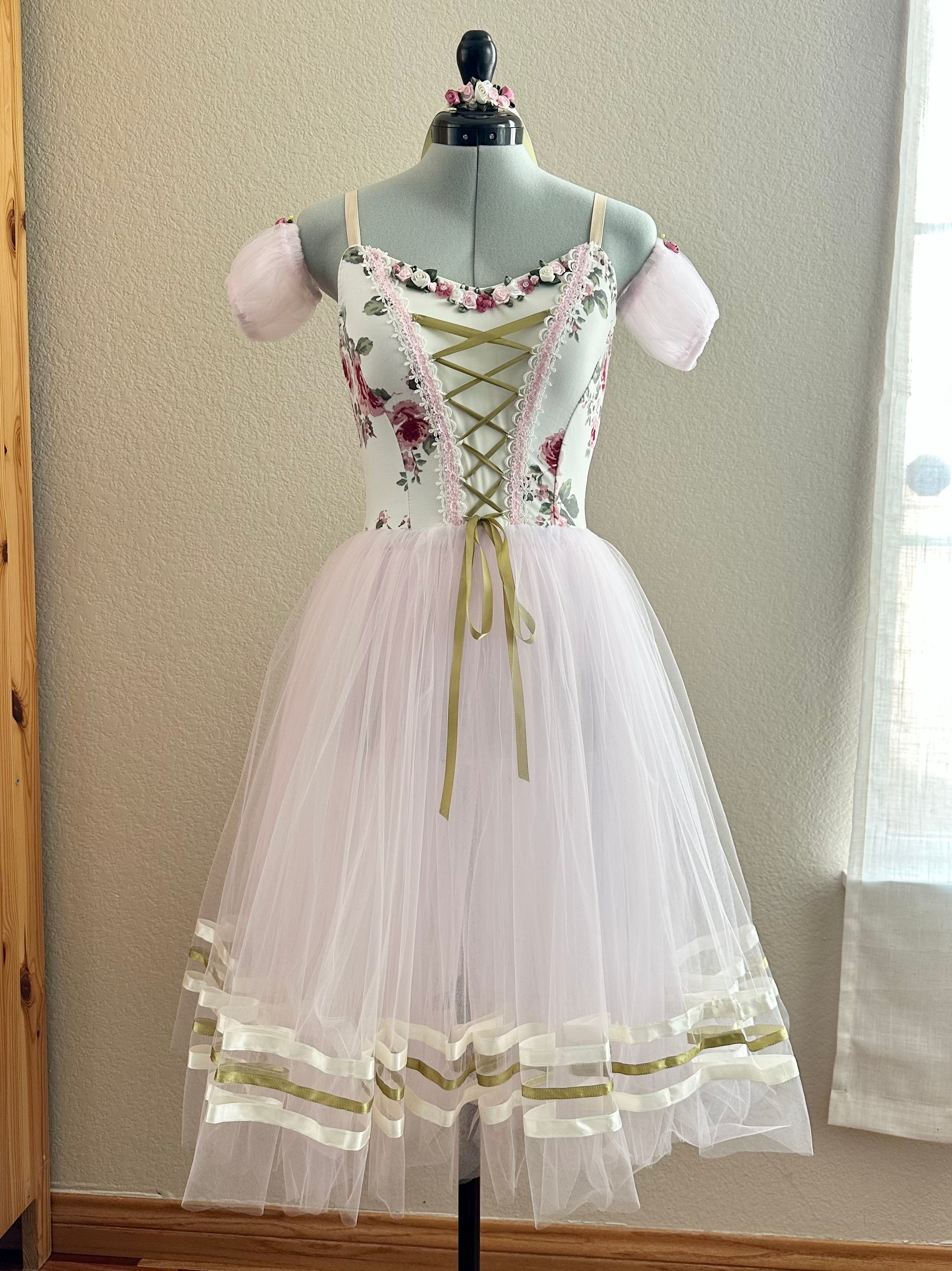 Romantic peasant style tutu - handmade stretch tutu - Light pink/white with roses