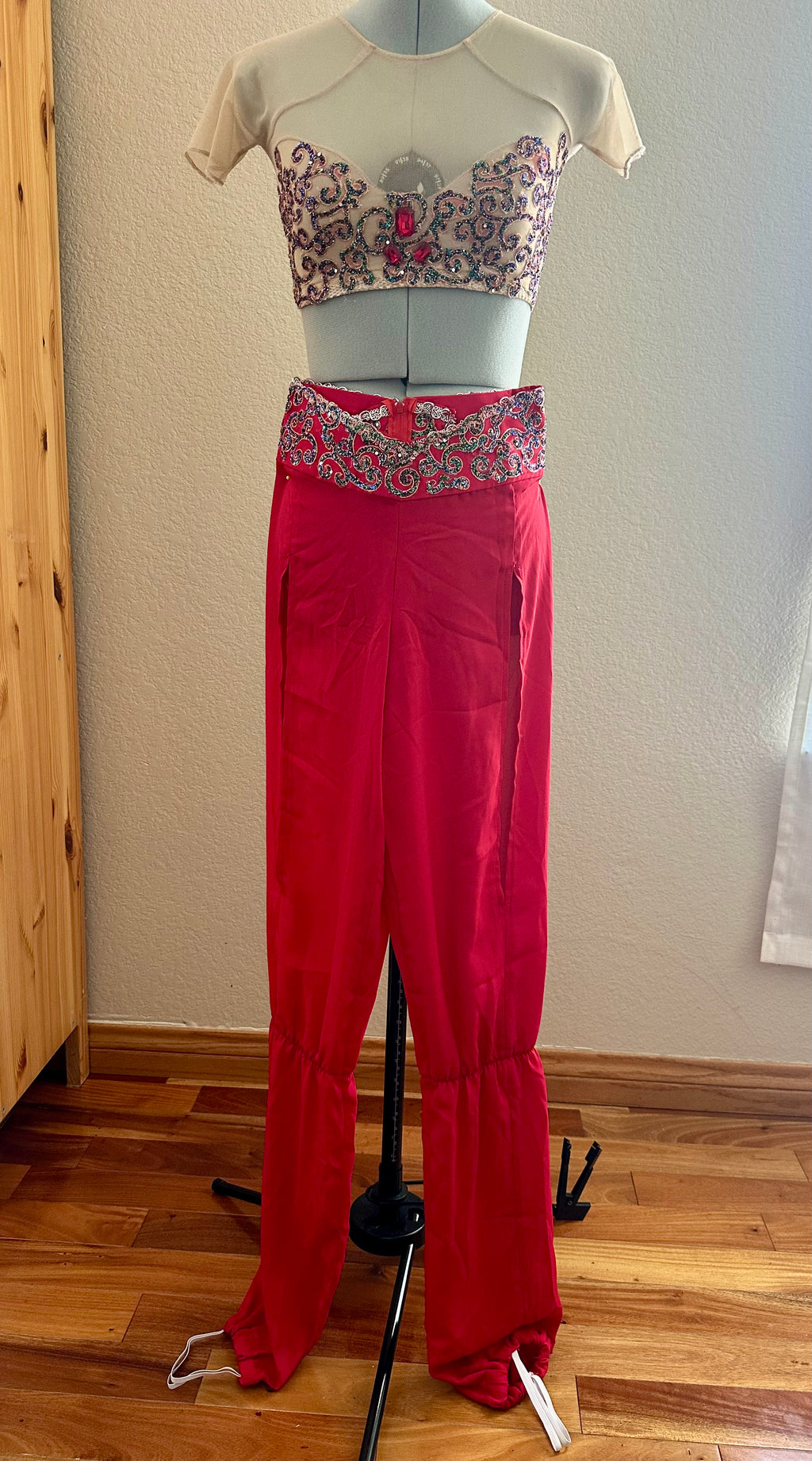 Handmade Nutcracker Arabian Ballet Costume Rental – Red Georgette Pants & Illusion Mesh Top Size Adult XS
