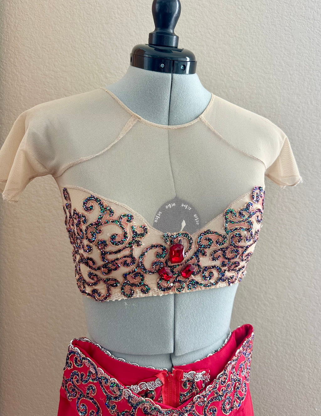 Handmade Nutcracker Arabian Ballet Costume Rental – Red Georgette Pants & Illusion Mesh Top Size Adult XS
