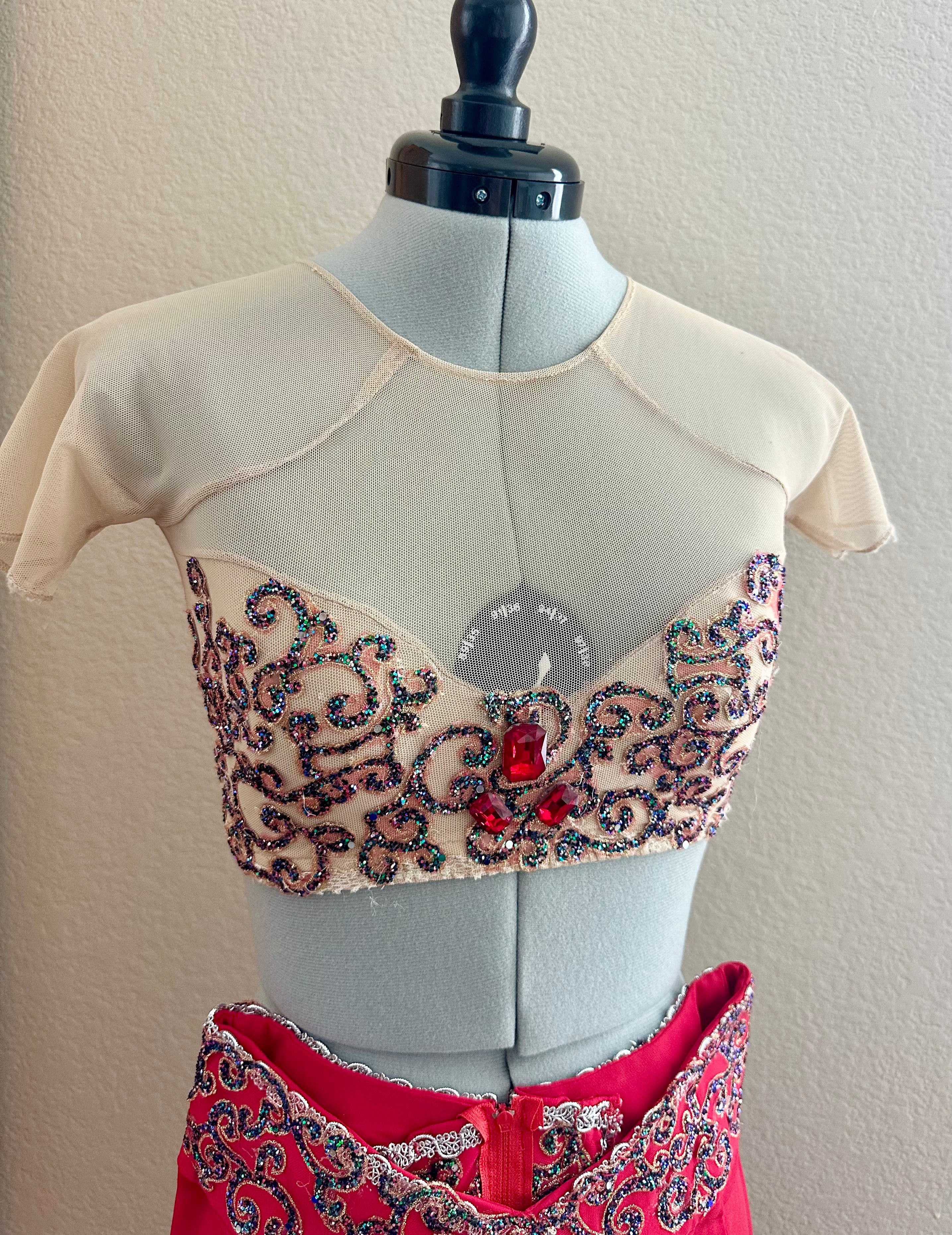 Handmade Nutcracker Arabian Ballet Costume Rental – Red Georgette Pants & Illusion Mesh Top Size Adult XS