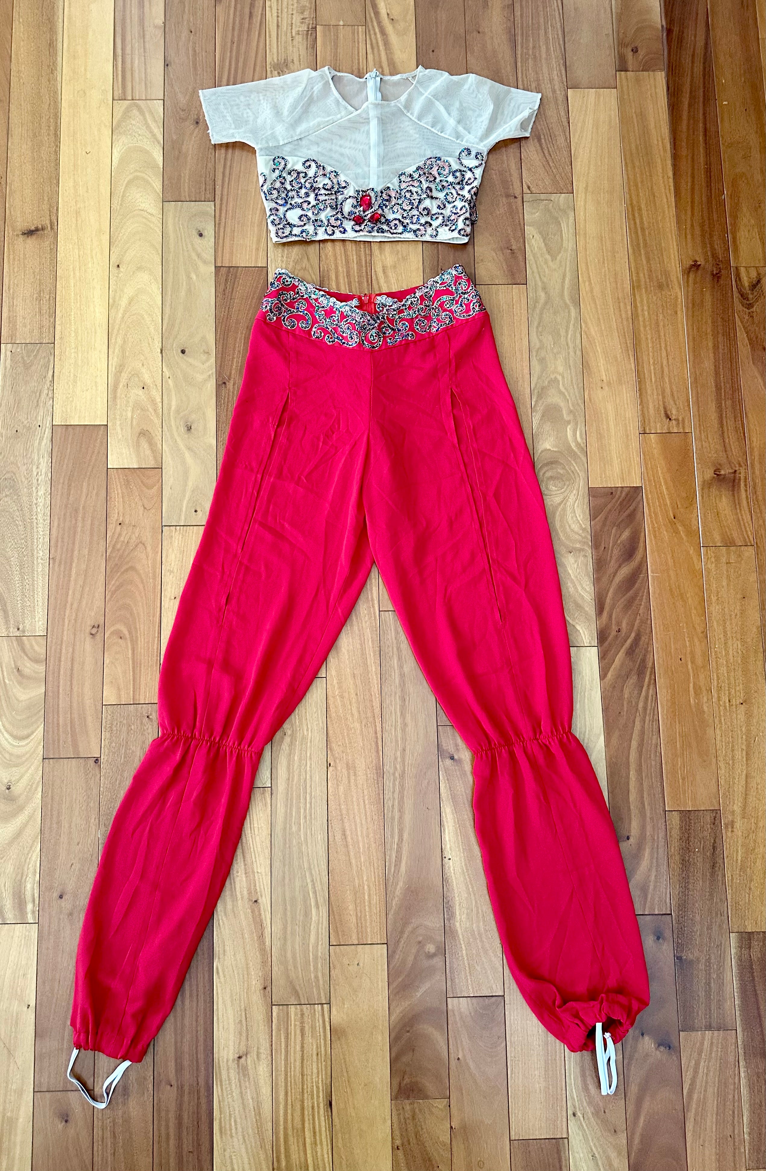 Handmade Nutcracker Arabian Ballet Costume Rental – Red Georgette Pants & Illusion Mesh Top Size Adult XS